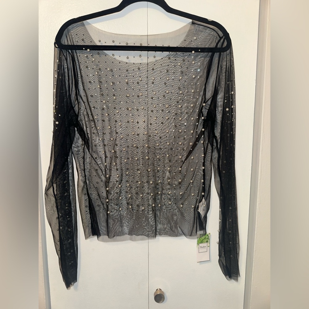 Pearl Rhinestone See Through Long Sleeve Mesh Blouse - Size 2XL - Picture 2 of 6